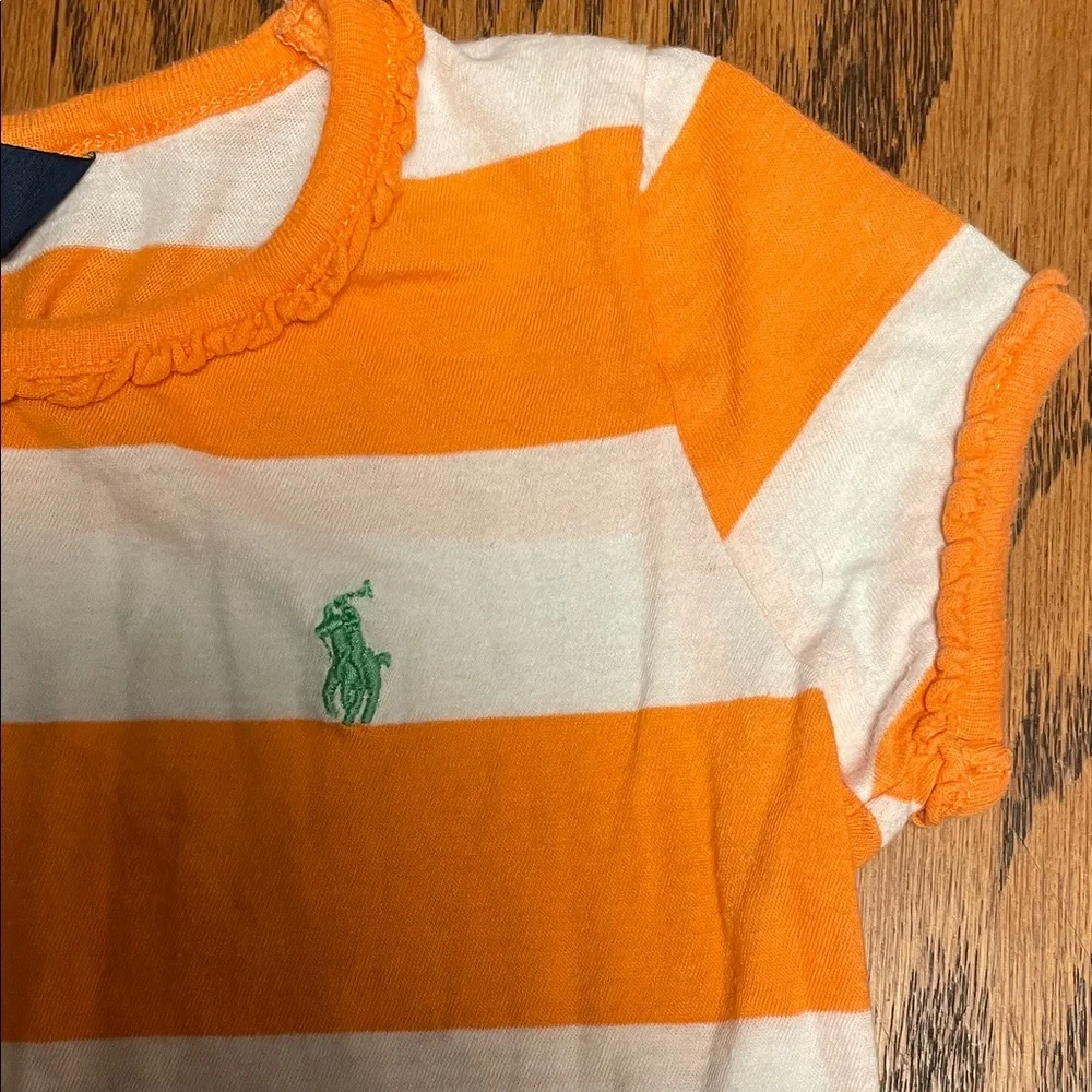 Polo by Ralph Lauren Kids Orange and White Striped Tee tiny ruffle sleeve 3T